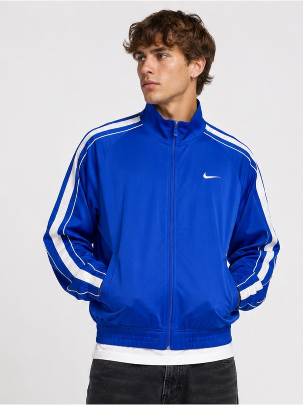 Nike Men’s M Full Zip Blue White Stripes Track Jacket Streetwear Casual Style